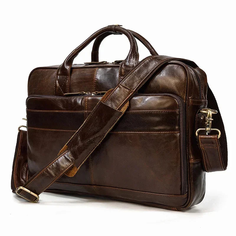 Men’s Polished Leather Briefcase – 15 Inch Professional Office Bag - Dark brown