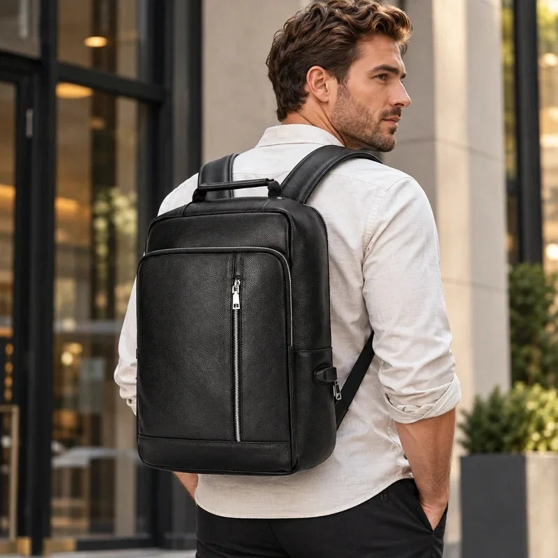 Men’s Slim Leather Backpack – Compact Laptop Work Bag