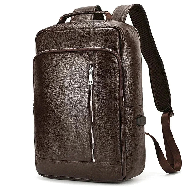 Men’s Slim Leather Backpack – Compact Laptop Work Bag - Dark brown