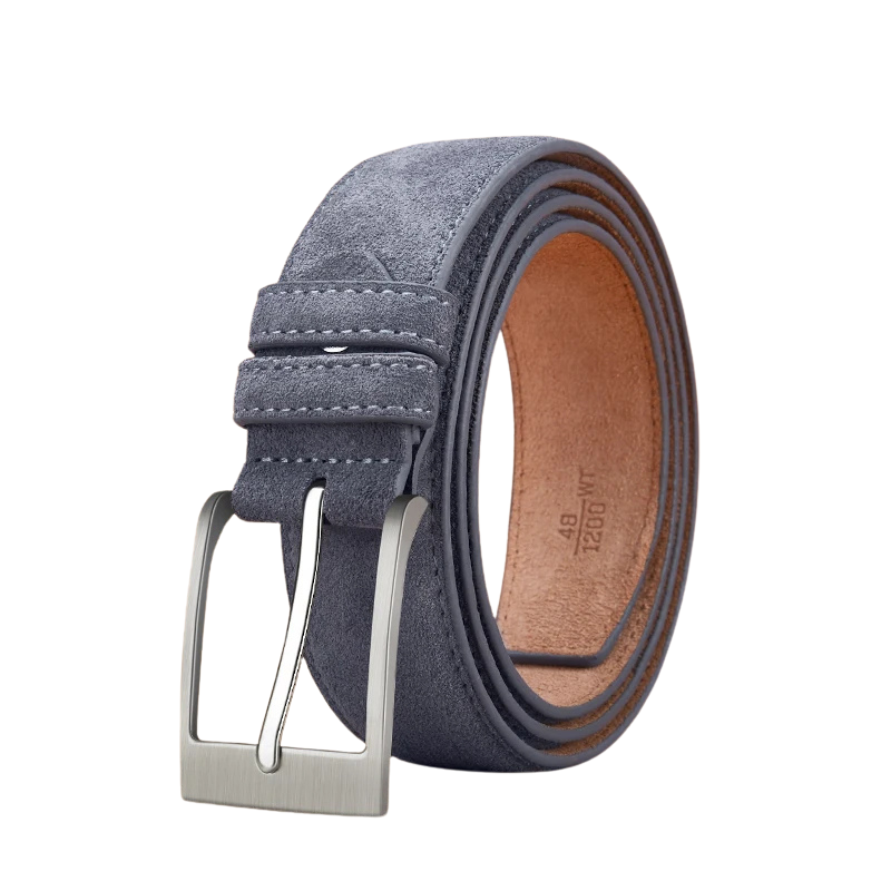 suede belt with a silver buckle on a white background