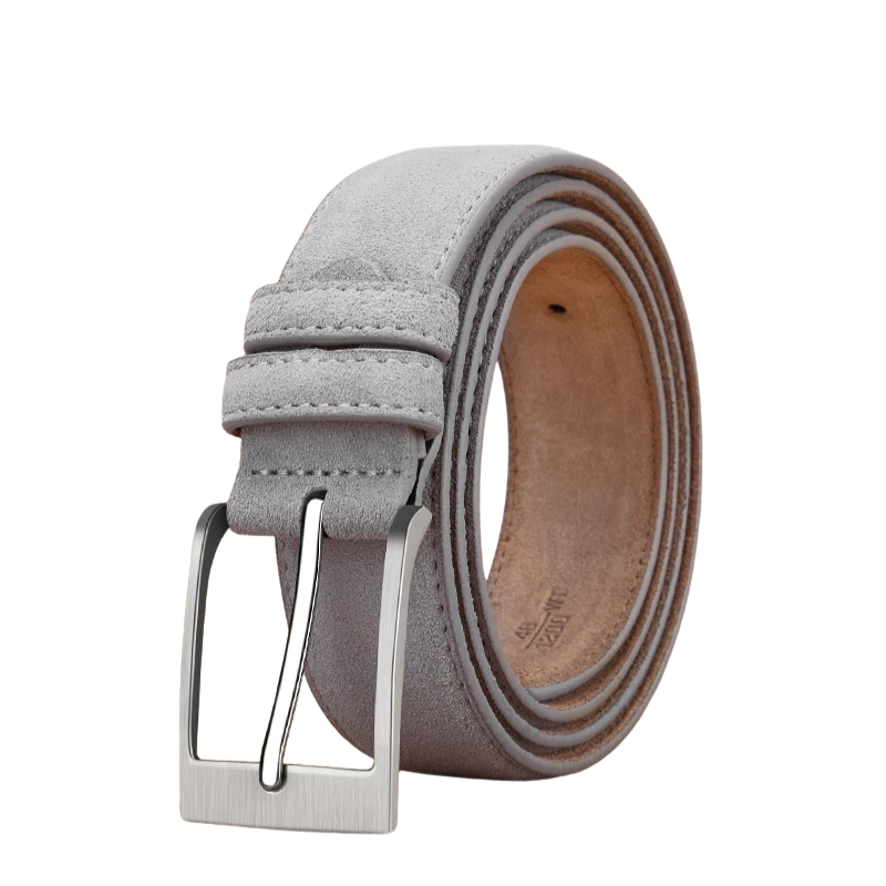 Gray suede belt with a silver buckle on a white background