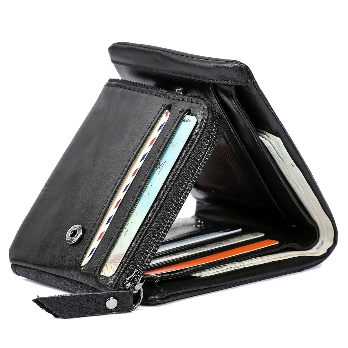 Men’s Trifold Wallet - Crazy Horse Leather with Zip Coin Pocket - Black
