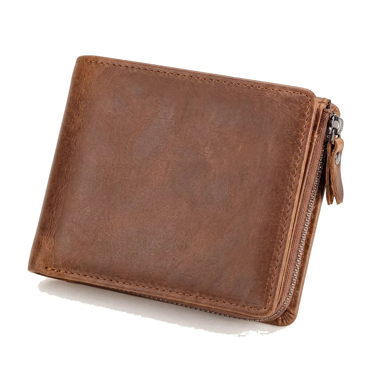 Men’s Trifold Wallet - Crazy Horse Leather with Zip Coin Pocket - Brown