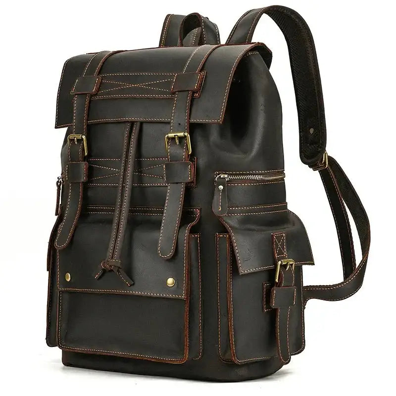 Men’s Vintage Leather Backpack – Large Retro Leather Backpack for Work & Travel - Black