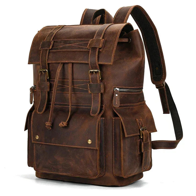 Men’s Vintage Leather Backpack – Large Retro Leather Backpack for Work & Travel - Dark brown