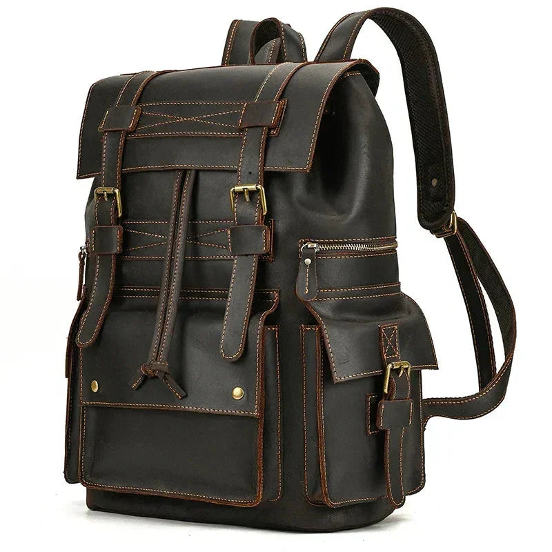 Men’s Vintage Leather Backpack – Large Retro Leather Backpack for Work & Travel - Black