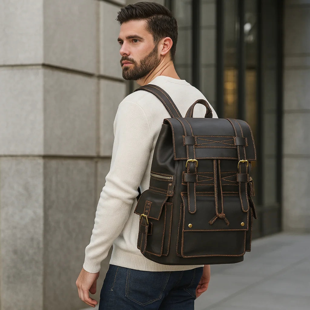 Men’s Vintage Leather Backpack – Large Retro Leather Backpack for Work & Travel