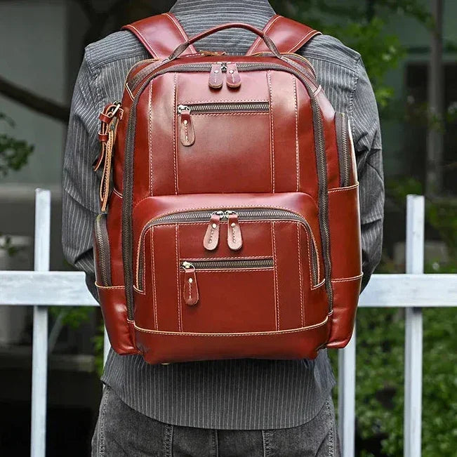 Men’s Vintage Leather Backpack – Multi Pocket Everyday Bag