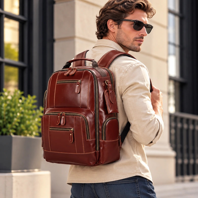 Men’s Vintage Leather Backpack – Multi Pocket Everyday Bag