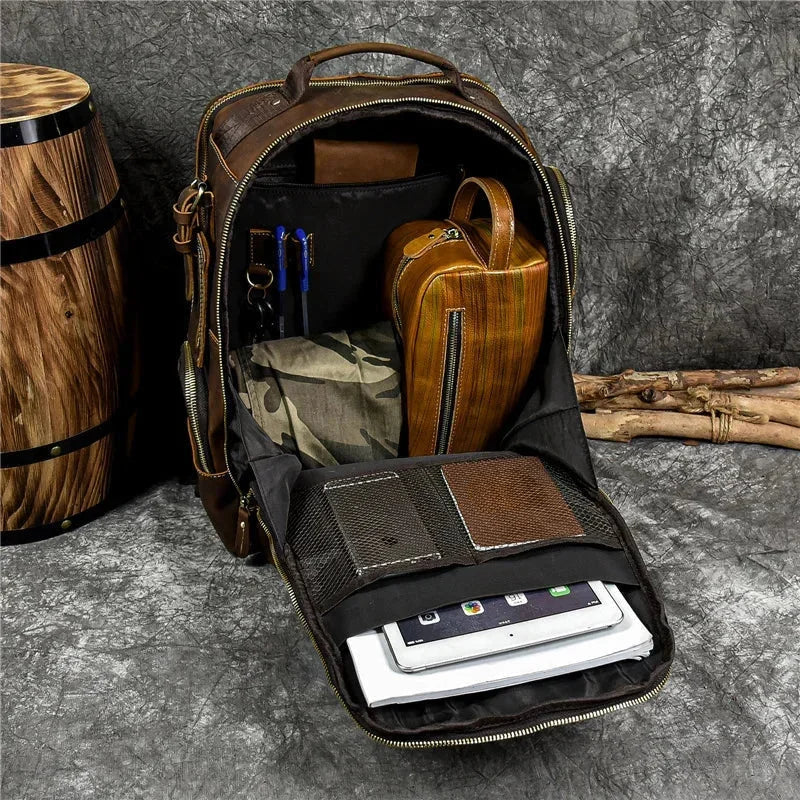 Men’s Vintage Leather Backpack – Multi Pocket Everyday Bag