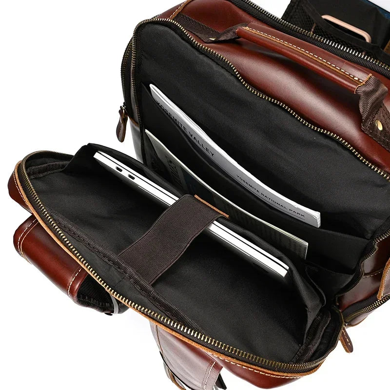 Men’s Vintage Leather Backpack – Multi Pocket Everyday Bag