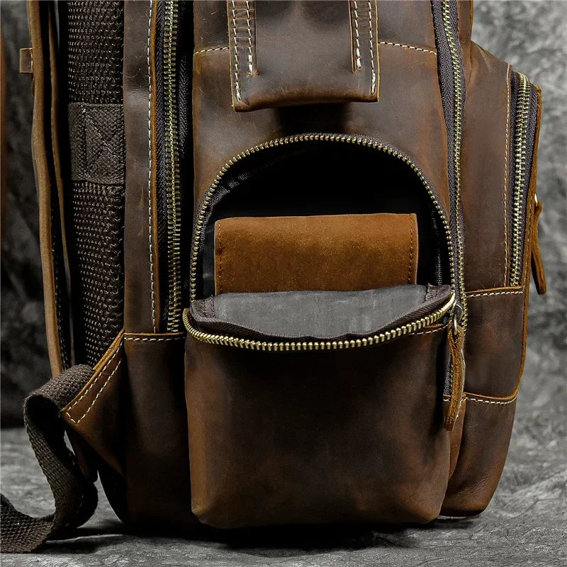 Men’s Vintage Leather Backpack – Multi Pocket Everyday Bag