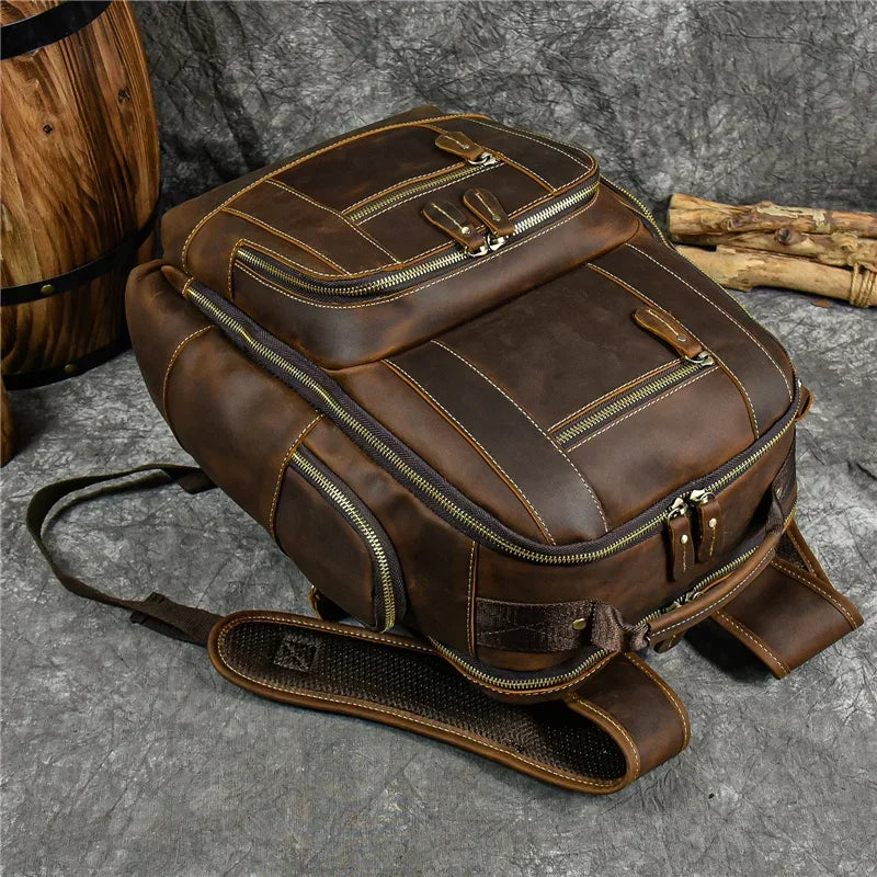 Men’s Vintage Leather Backpack – Multi Pocket Everyday Bag