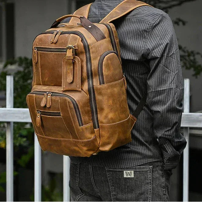 Men’s Vintage Leather Backpack – Multi Pocket Everyday Bag