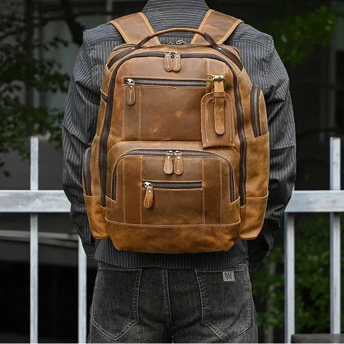 Men’s Vintage Leather Backpack – Multi Pocket Everyday Bag