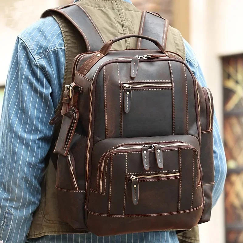 Men’s Vintage Leather Backpack – Multi Pocket Everyday Bag