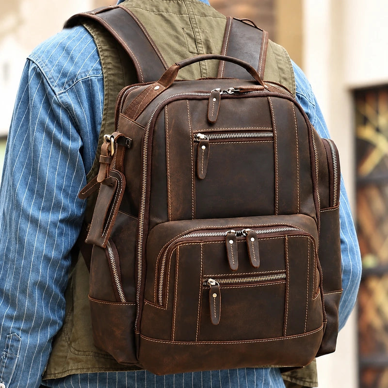 Men’s Vintage Leather Backpack – Multi Pocket Everyday Bag