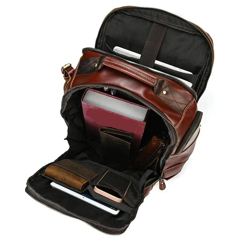Men’s Vintage Leather Backpack – Multi Pocket Everyday Bag