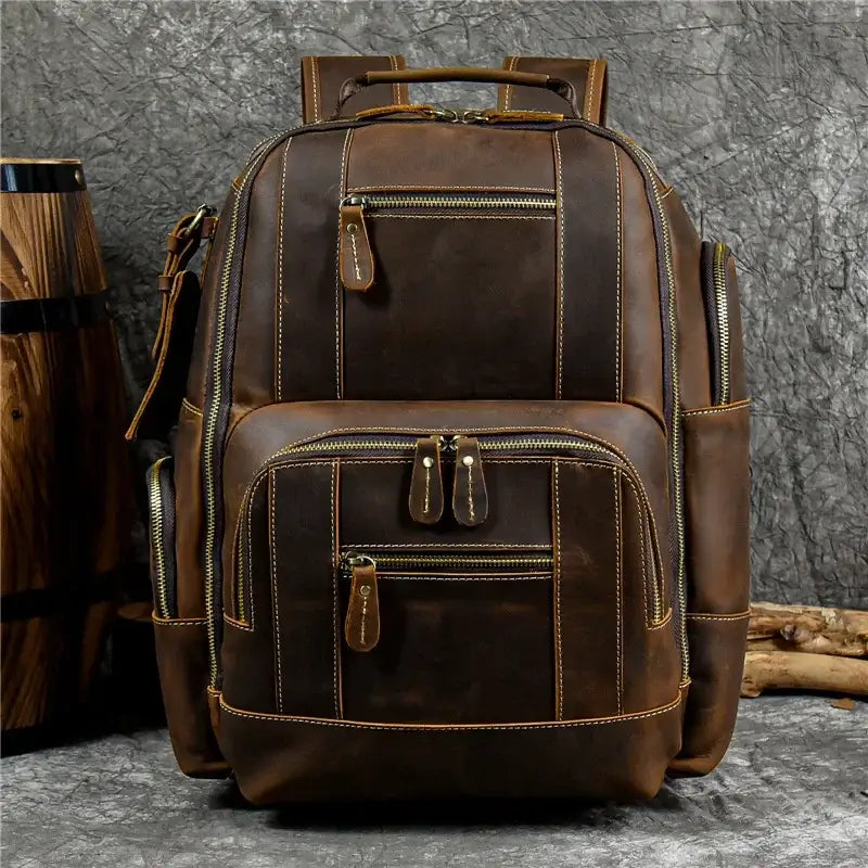 Men’s Vintage Leather Backpack – Multi Pocket Everyday Bag