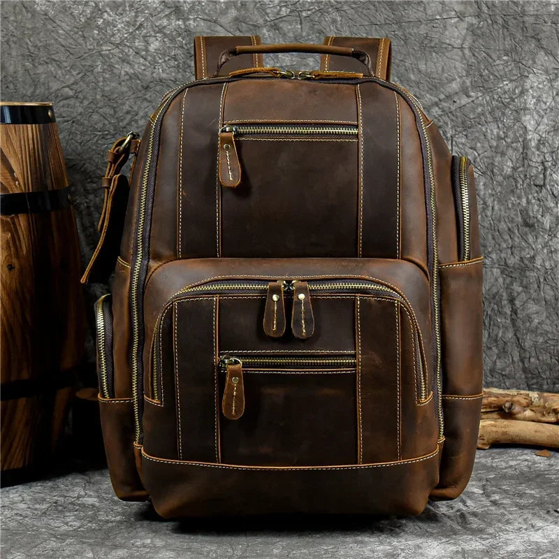Men’s Vintage Leather Backpack – Multi Pocket Everyday Bag