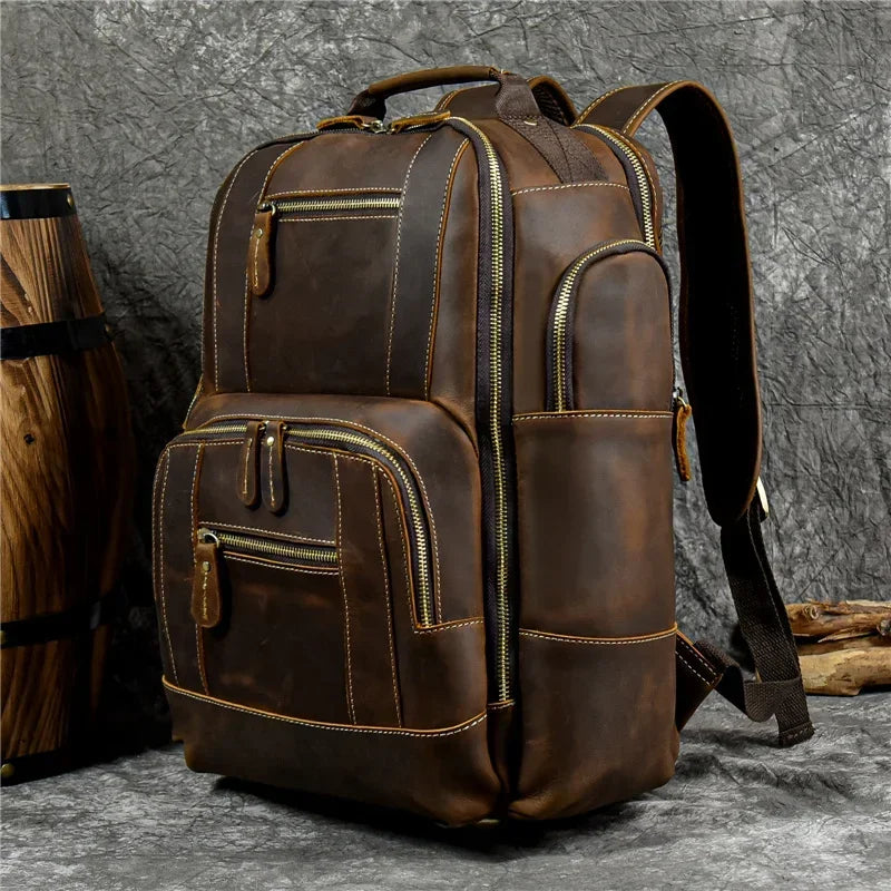 Men’s Vintage Leather Backpack – Multi Pocket Everyday Bag