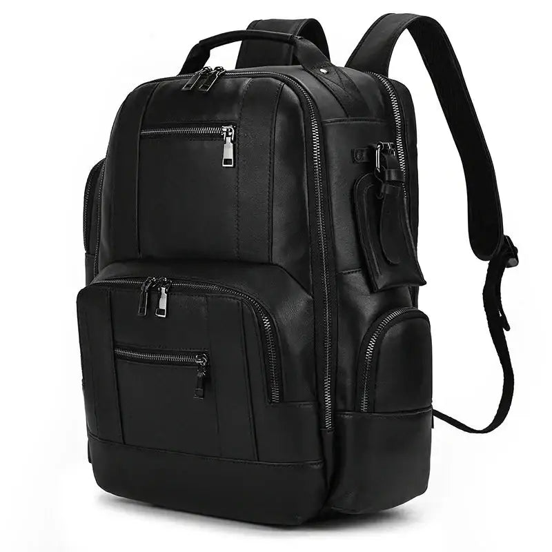 Men’s Vintage Leather Backpack – Multi Pocket Everyday Bag - Black