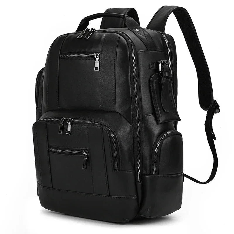 Men’s Vintage Leather Backpack – Multi Pocket Everyday Bag - Black