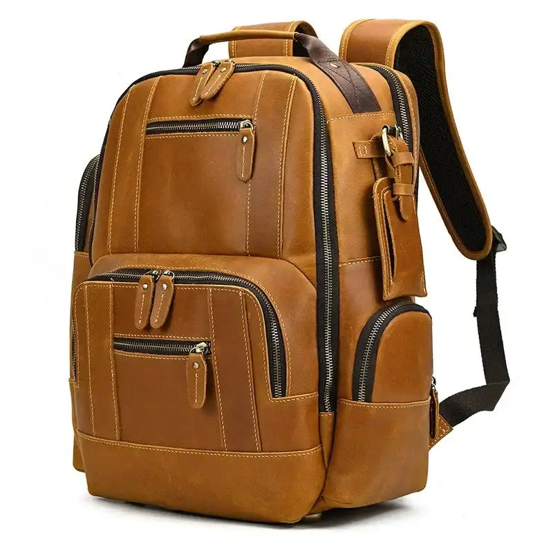 Men’s Vintage Leather Backpack – Multi Pocket Everyday Bag - Brown