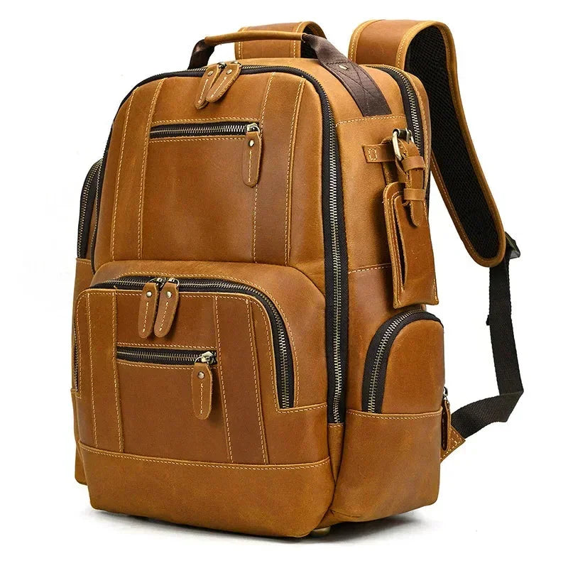Men’s Vintage Leather Backpack – Multi Pocket Everyday Bag - Brown
