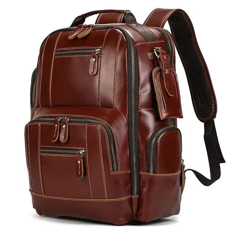 Men’s Vintage Leather Backpack – Multi Pocket Everyday Bag - Burgundy