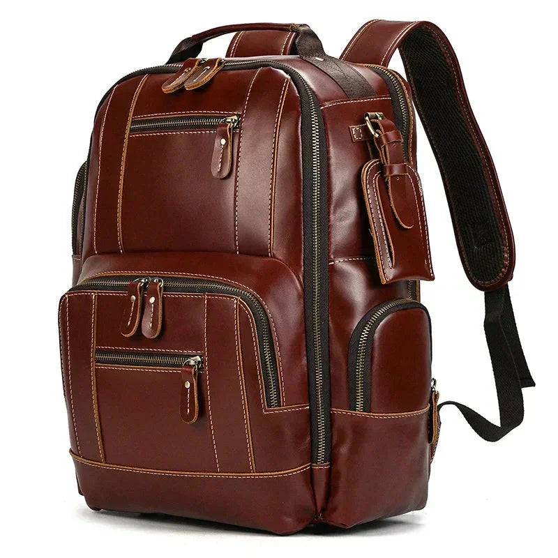 Men’s Vintage Leather Backpack – Multi Pocket Everyday Bag - Burgundy