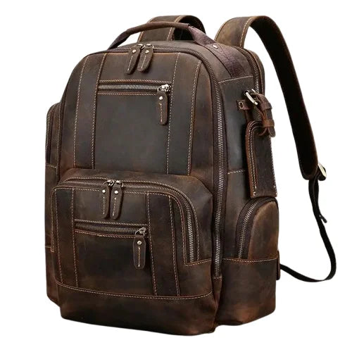 Men’s Vintage Leather Backpack – Multi Pocket Everyday Bag - Dark brown