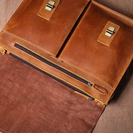 Men’s Vintage Leather Briefcase – Dual Buckle Work Satchel