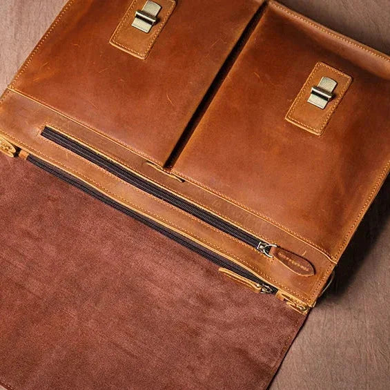 Men’s Vintage Leather Briefcase – Dual Buckle Work Satchel