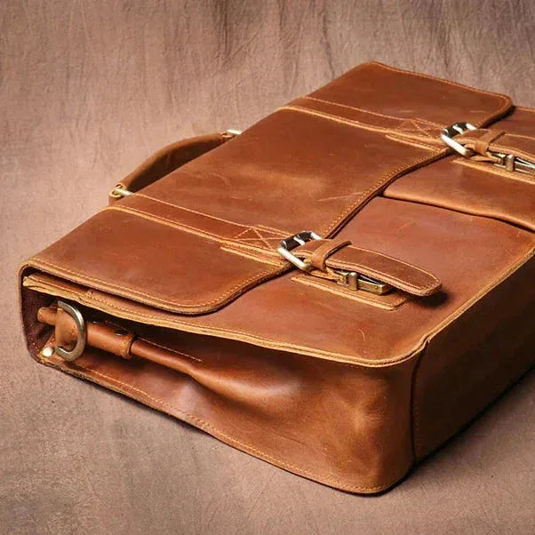Men’s Vintage Leather Briefcase – Dual Buckle Work Satchel
