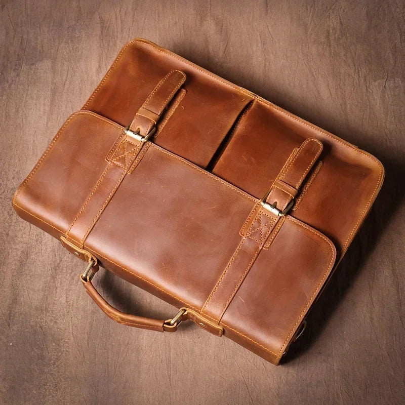Men’s Vintage Leather Briefcase – Dual Buckle Work Satchel