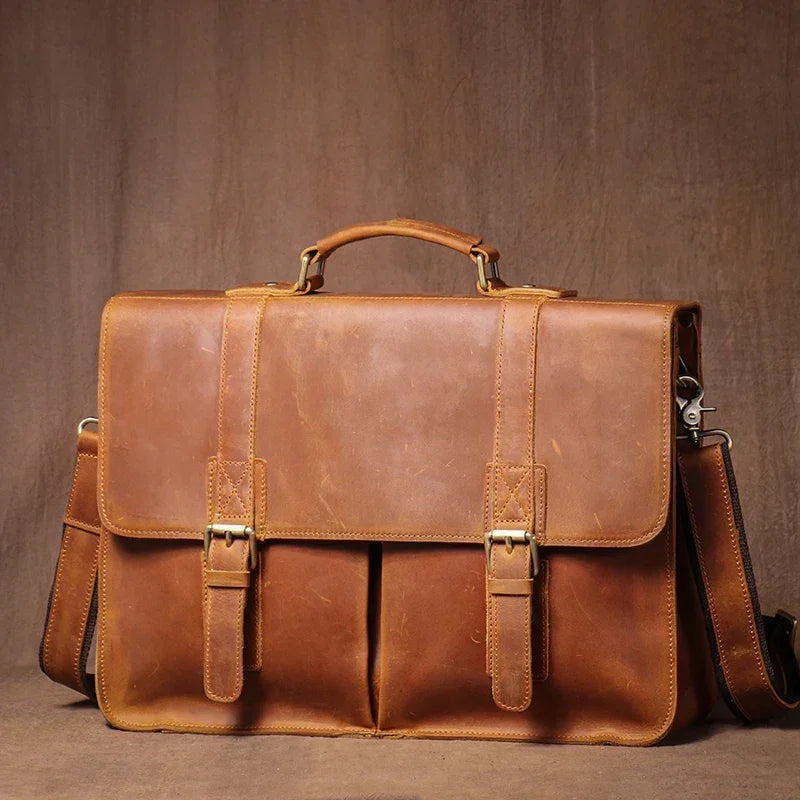 Men’s Vintage Leather Briefcase – Dual Buckle Work Satchel