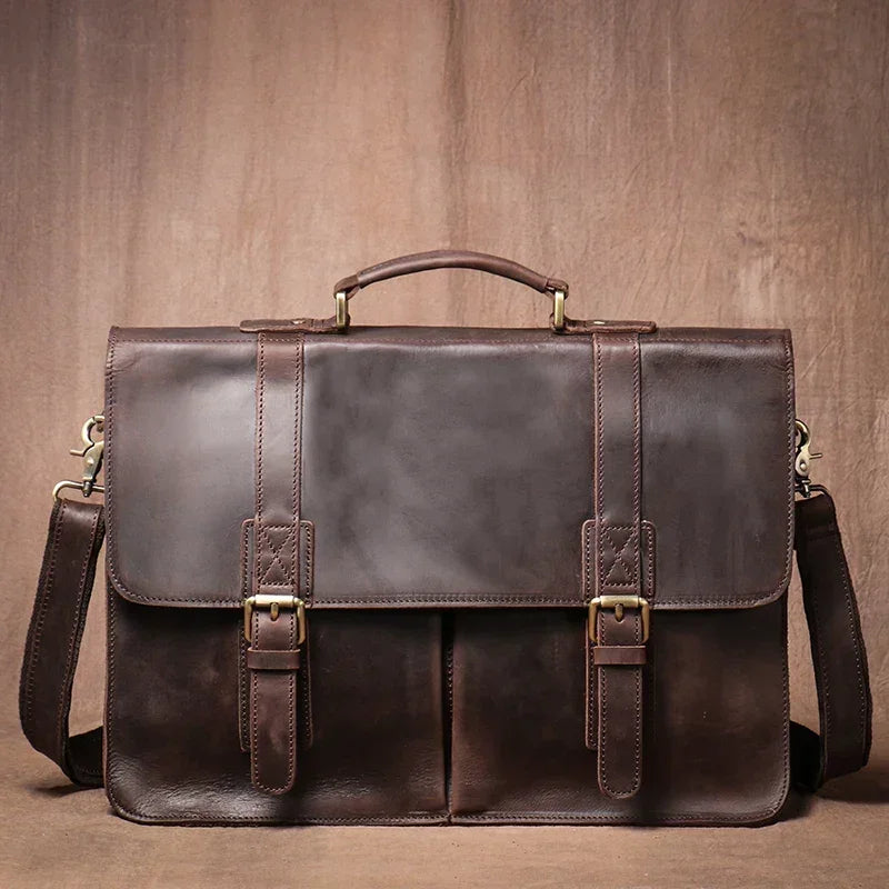 Men’s Vintage Leather Briefcase – Dual Buckle Work Satchel