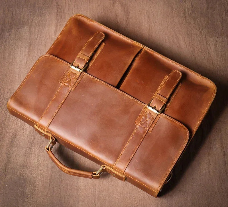Men’s Vintage Leather Briefcase – Dual Buckle Work Satchel