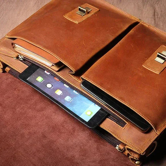Men’s Vintage Leather Briefcase – Dual Buckle Work Satchel