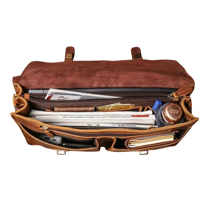 Men’s Vintage Leather Briefcase – Dual Buckle Work Satchel