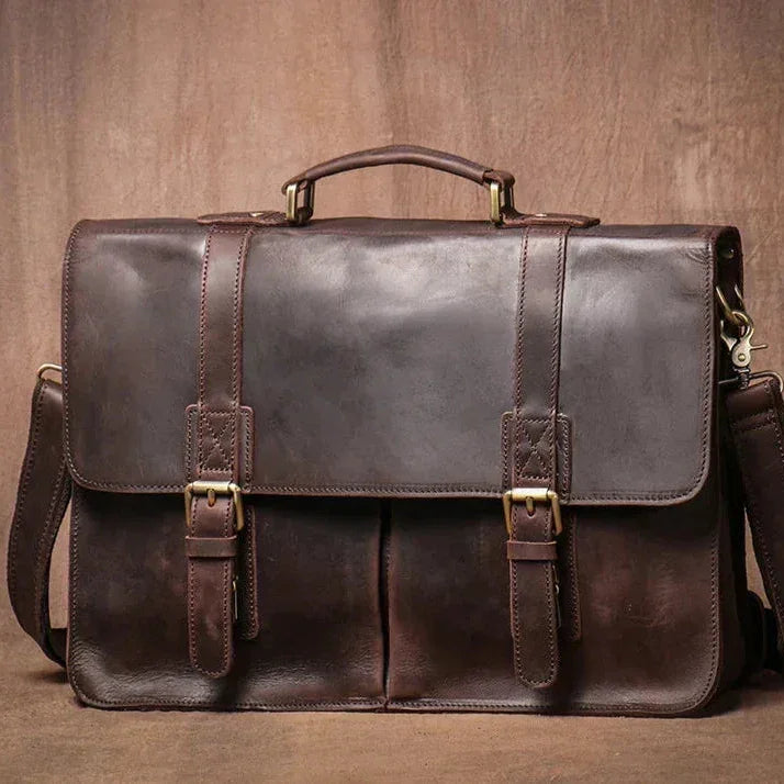 Men’s Vintage Leather Briefcase – Dual Buckle Work Satchel