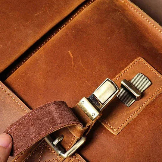 Men’s Vintage Leather Briefcase – Dual Buckle Work Satchel