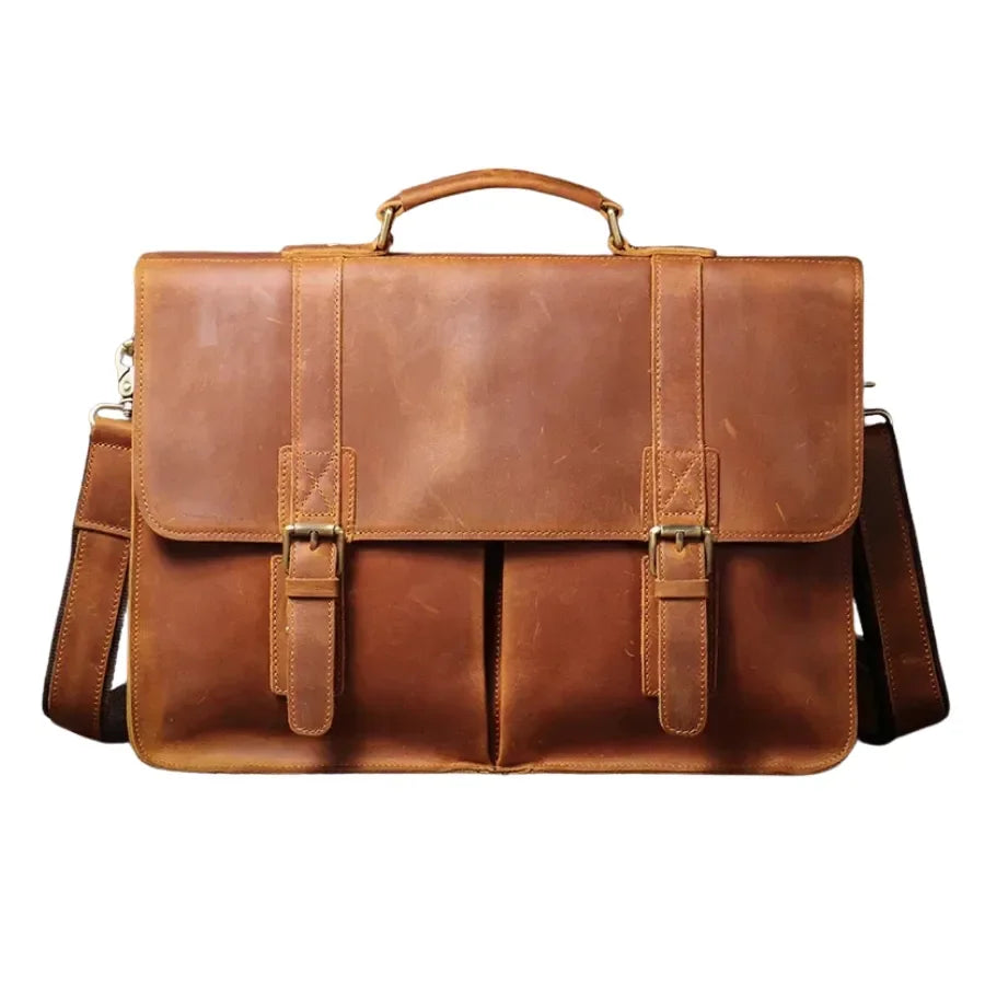 Men’s Vintage Leather Briefcase – Dual Buckle Work Satchel - Brown
