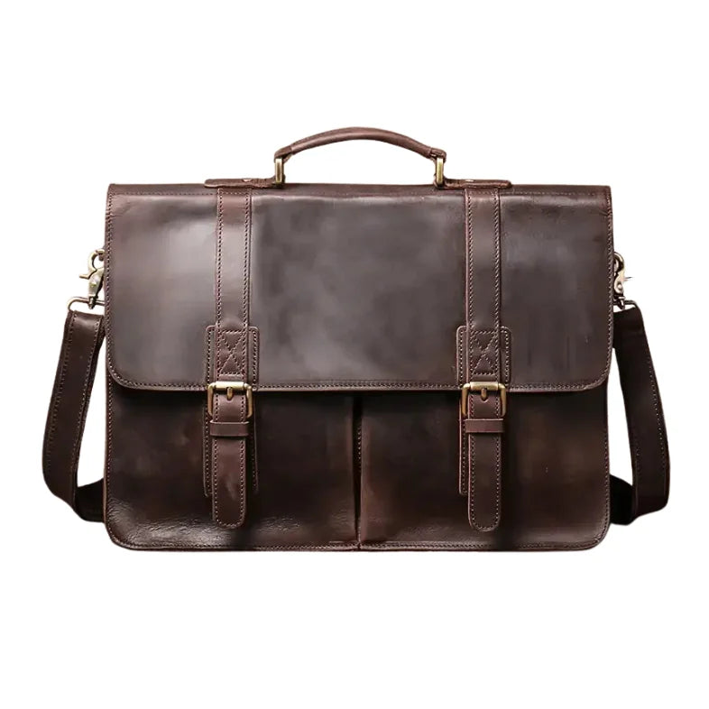 Men’s Vintage Leather Briefcase – Dual Buckle Work Satchel - Dark brown