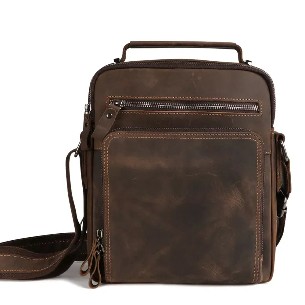 Men’s Vintage Leather Crossbody Bag – Compact Everyday Carry - Brown