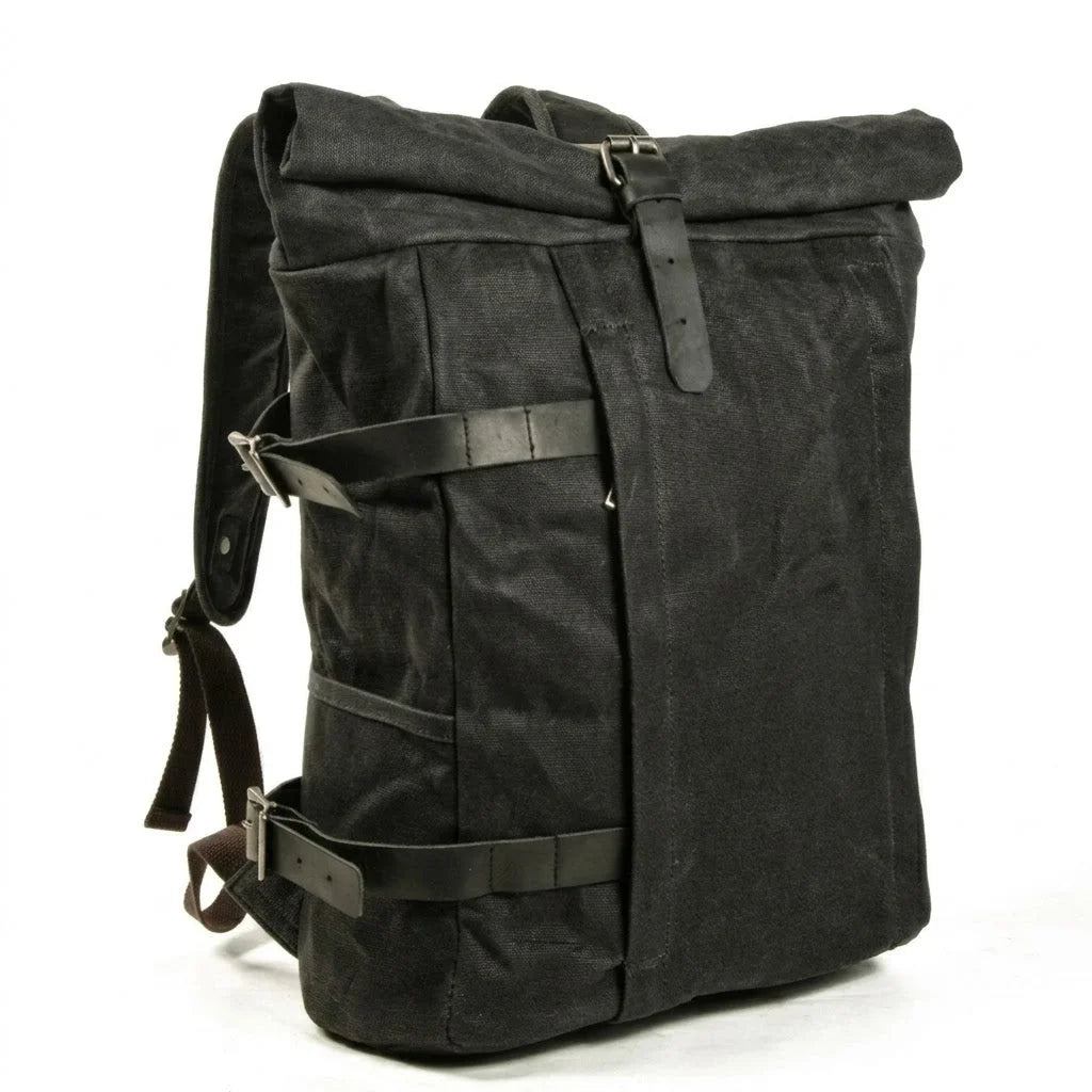Men’s Waxed Canvas Backpack - 3-Color Roll-Top Rucksack - Black