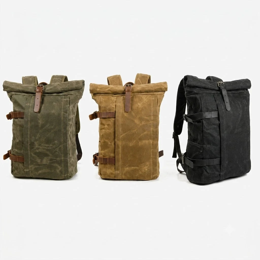 Men’s Waxed Canvas Backpack - 3-Color Roll-Top Rucksack