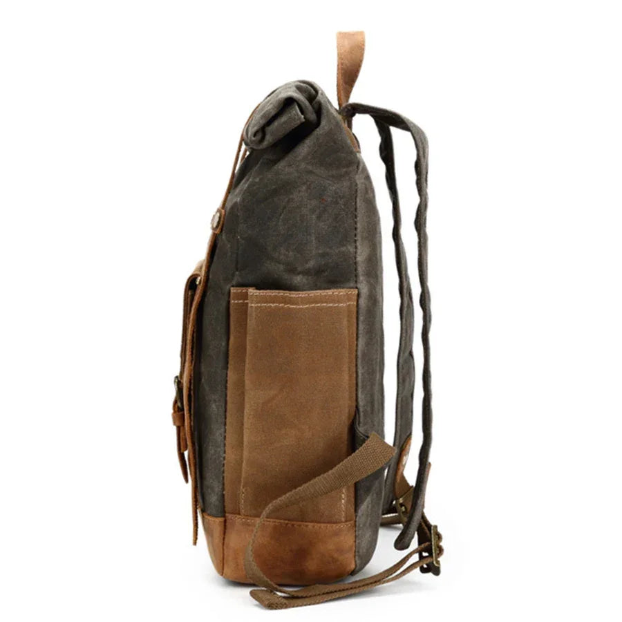 Men’s Waxed Canvas Backpack - Buckle Flap Leather Trim