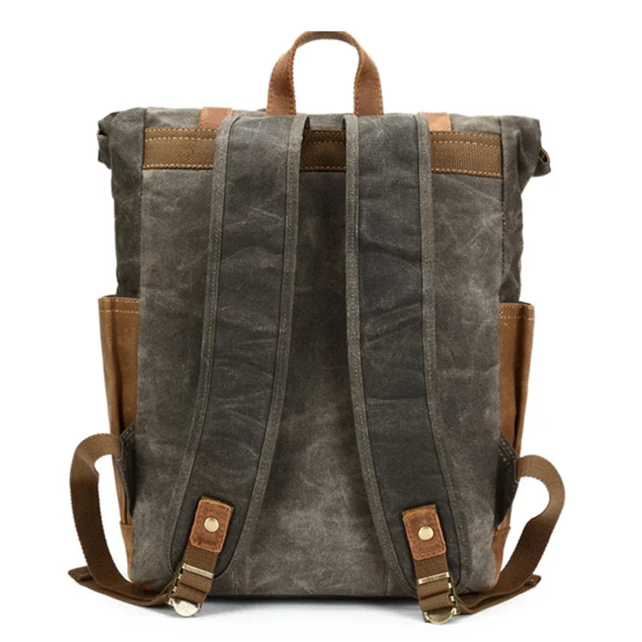 Men’s Waxed Canvas Backpack - Buckle Flap Leather Trim